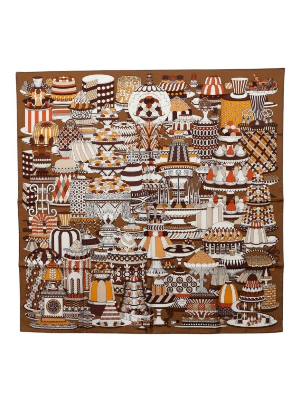Hermes Carre 90 la Patisserie Francaise Pattythree Scarf Brown Multicolor Silk